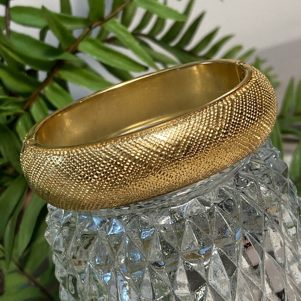 Vintage Monet Textured Gold Tone Wide Hinge Bangle Bracelet
